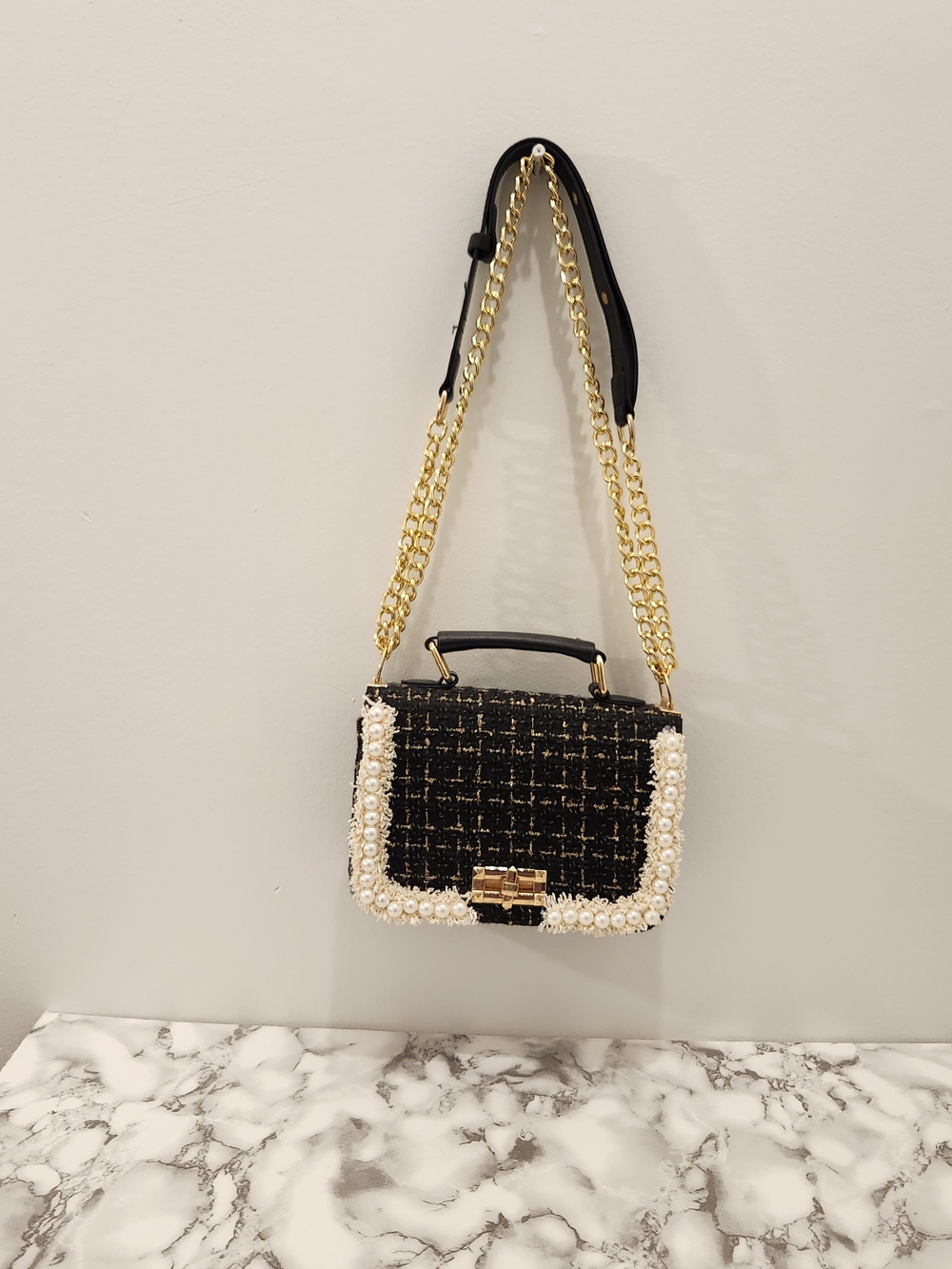 Black Tweed Pearl-Trim Crossbody Bag with Gold Chain